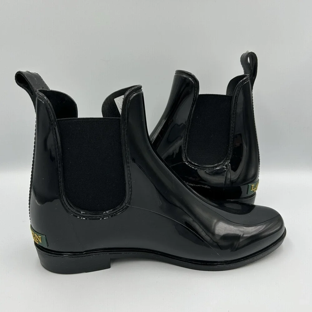 Ralph Lauren Tally Rain‎ Boots Black Patent Leather Chelsea Ankle Booties 8B